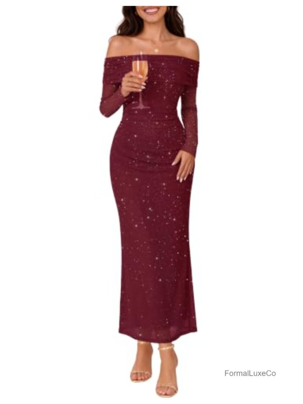 Off Shoulder Glitter Mesh Bodycon Long Sleeve Cocktail Dress